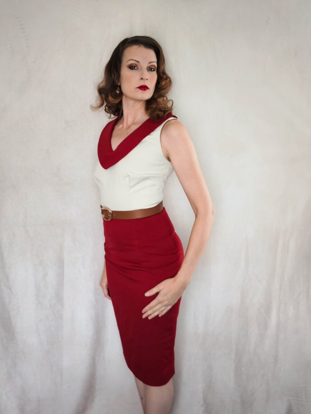 1960s style red and cream colorblock dress